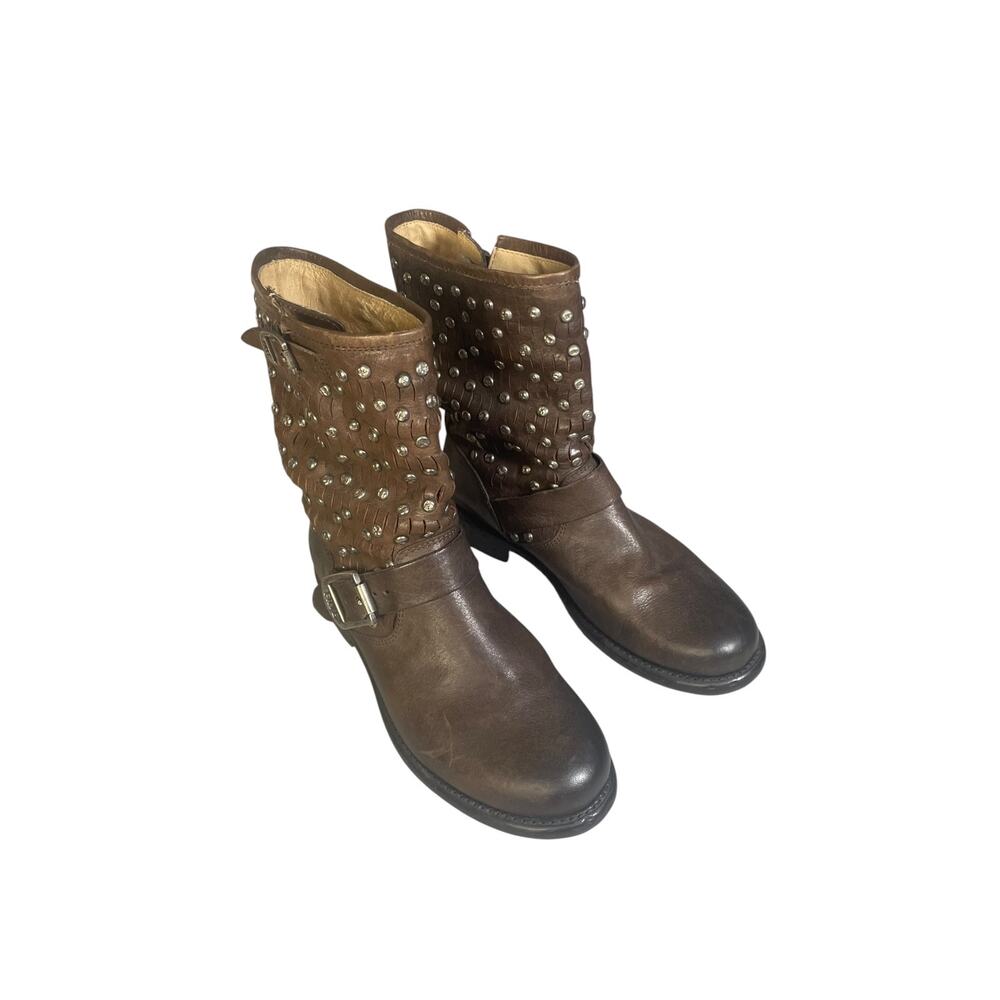 Frye Women’s 6.5B Jenna Cut Stud Short Distressed Brown Leather Moto Boots - Picture 8 of 9